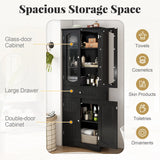 160cm Freestanding Linen Tall Bathroom Storage Cabinet with 2 Glass Doors-Black