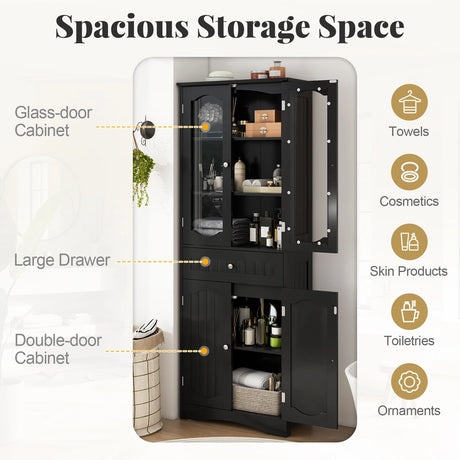 160cm Freestanding Linen Tall Bathroom Storage Cabinet with 2 Glass Doors-Black