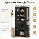 160cm Freestanding Linen Tall Bathroom Storage Cabinet with 2 Glass Doors-Black