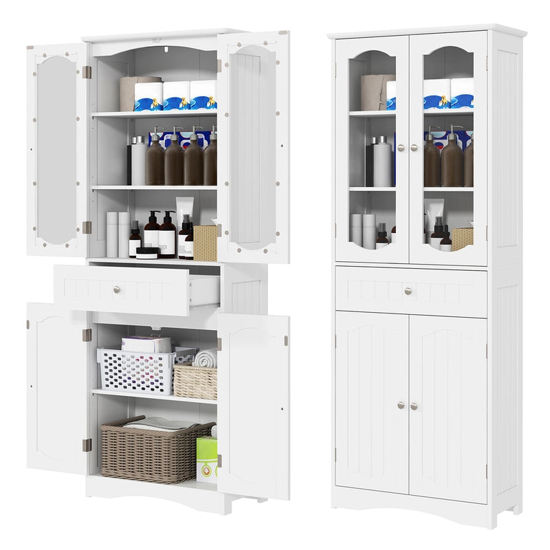 160cm Freestanding Linen Tall Bathroom Storage Cabinet with 2 Glass Doors-White
