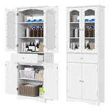 160cm Freestanding Linen Tall Bathroom Storage Cabinet with 2 Glass Doors-White