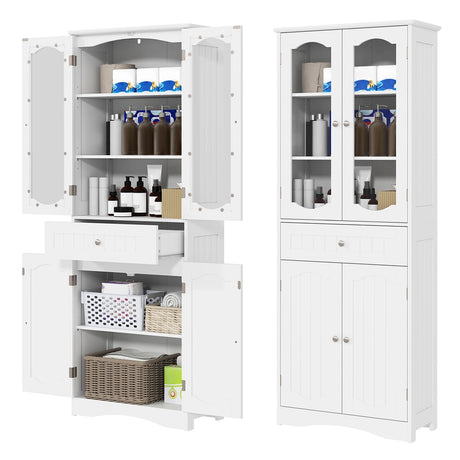 160cm Freestanding Linen Tall Bathroom Storage Cabinet with 2 Glass Doors-White