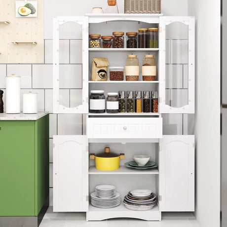 160cm Freestanding Linen Tall Bathroom Storage Cabinet with 2 Glass Doors-White