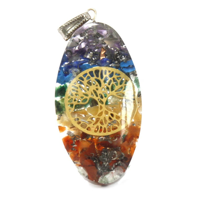 Orgonite Power Pendant - 7 Stone Chakra Oval with Tree