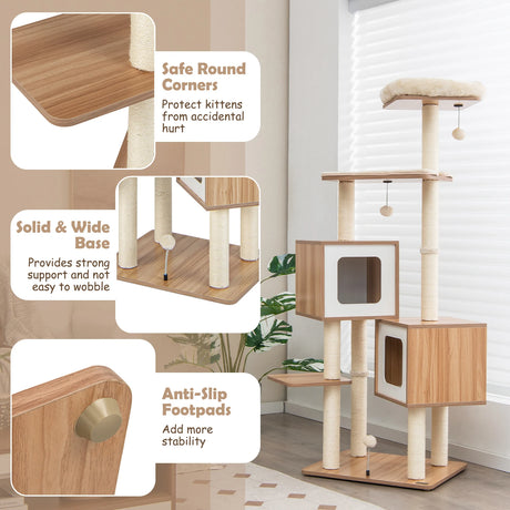 Modern Wooden Cat Tree with Perch Condos and Washable Cushions-Natural
