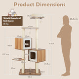 Modern Wooden Cat Tree with Perch Condos and Washable Cushions-Natural