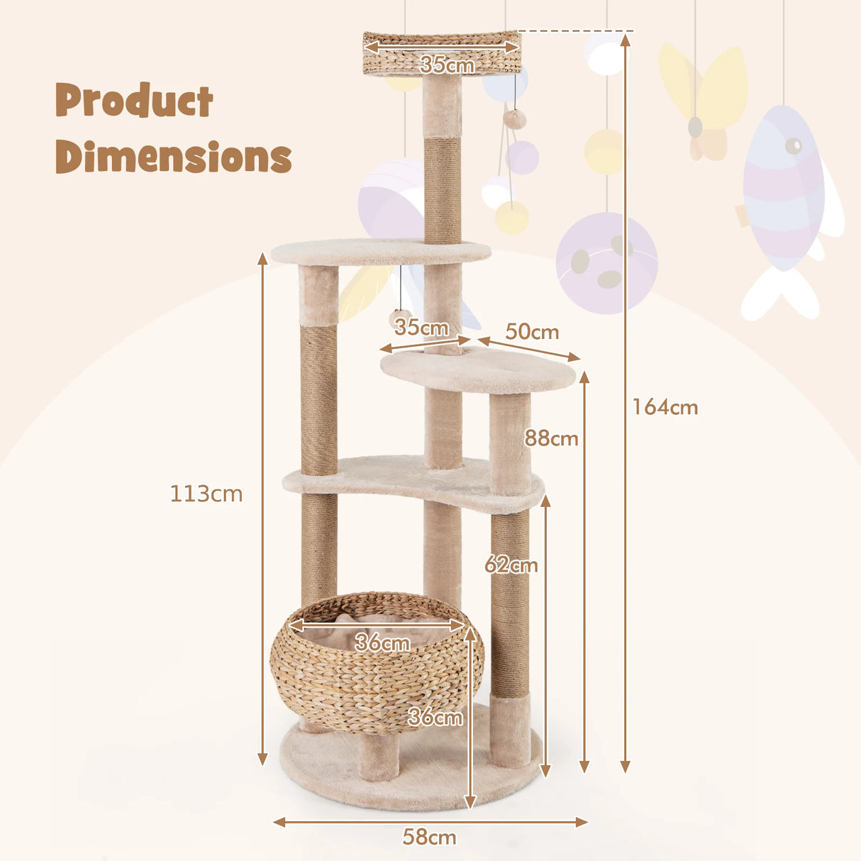 164cm Cattail Cat Tower with Jute Scratching Posts-Beige