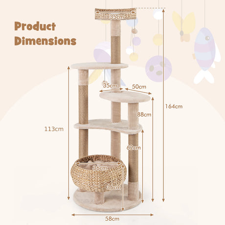 164cm Cattail Cat Tower with Jute Scratching Posts-Beige