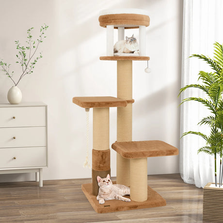 166 cm Tall Cat Tree with Self-groomer and Removable Cat Bed-Coffee