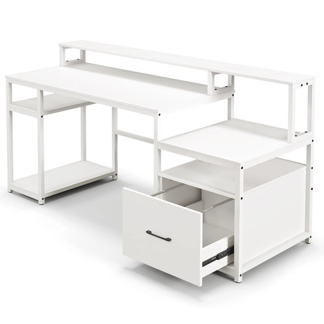 168 CM Home Office Computer Desk Modern Writing Desk with Monitor Stand-White