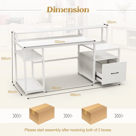 168 CM Home Office Computer Desk Modern Writing Desk with Monitor Stand-White