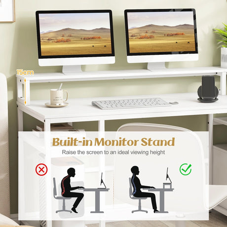 168 CM Home Office Computer Desk Modern Writing Desk with Monitor Stand-White