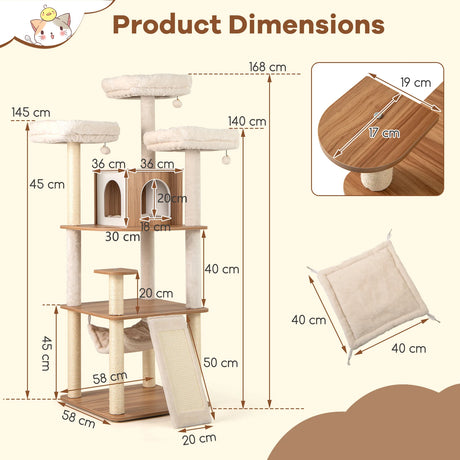 168cm Wooden Scratching Post with Cave &amp; Ladder &amp; Mats &amp; Balls &amp; Hammock Cat Scratching Post