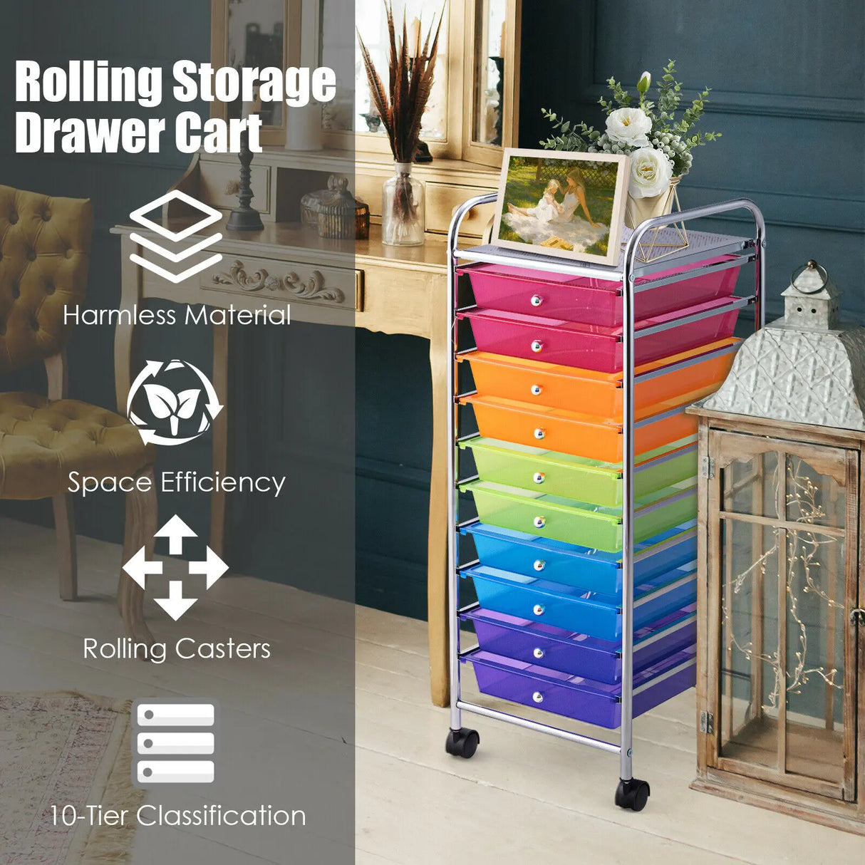 10 Drawer Rolling Storage Cart Organizer-Color