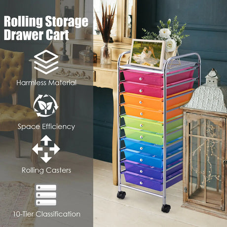 10 Drawer Rolling Storage Cart Organizer-Color