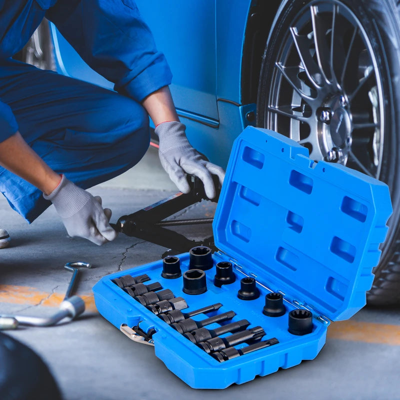 16 Piece Steel Socket Set with Box &amp; 1/2 Drive Wrench Socket Set Blue