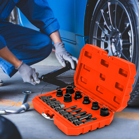 16 Piece Steel Socket Set with Box &amp; 1/2 Drive Wrench Socket Set Orange