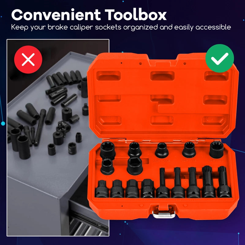 16 Piece Steel Socket Set with Box &amp; 1/2 Drive Wrench Socket Set Orange