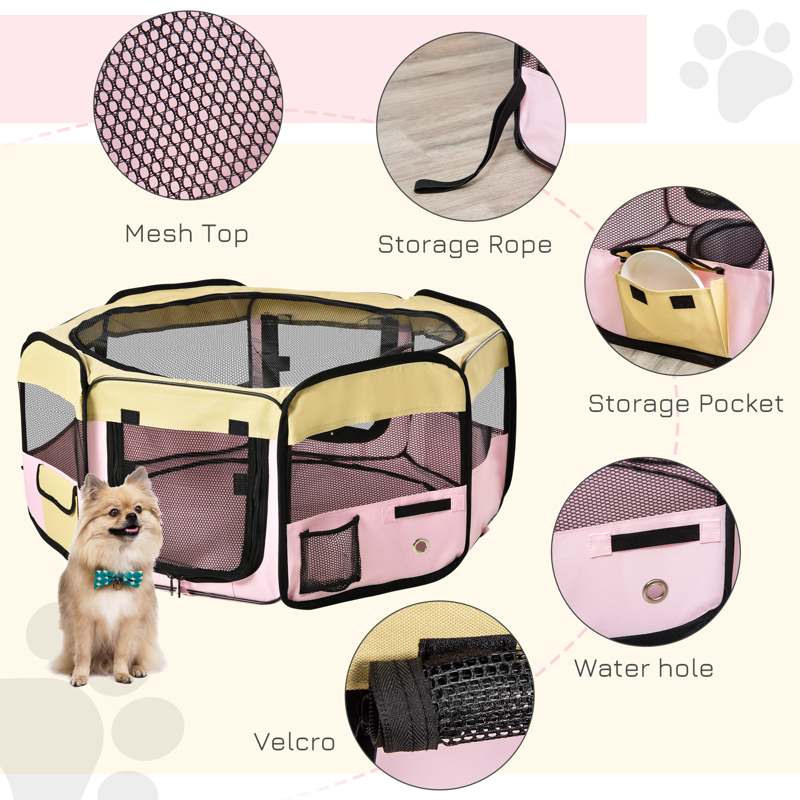 PawHut Fabric Pet Whelping Box Dog Cat Puppy Playpen Rabbit Guinea Pig Play Pen in Pink With Carry Bag Small Dia 90 x 41Hcm