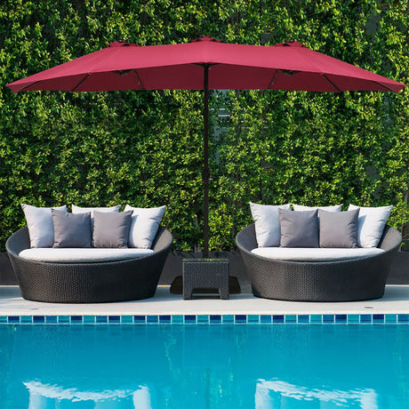 15 Ft Solar LED Patio Double-sided Umbrella Market Umbrella with Weight Base-Red