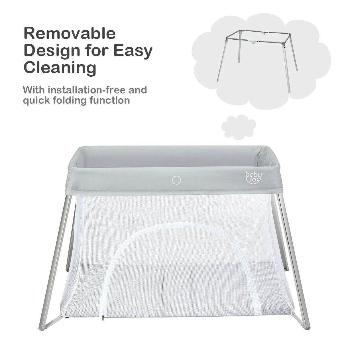 Lightweight Folding Playpen with Zipper Access Door-Silver