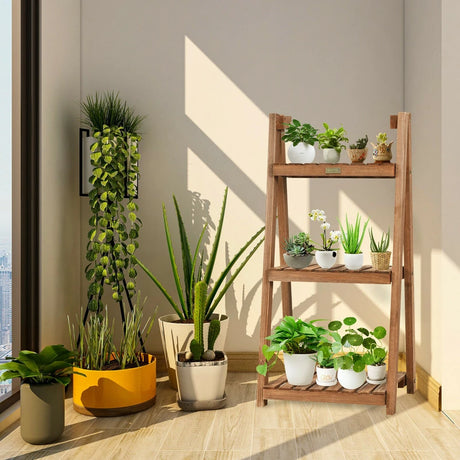 3-Tier Folding Flower Stand Rack Wood Plant Storage Display Shelf