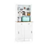 Freestanding Kitchen Pantry with Hutch Sliding Door and Drawer-White