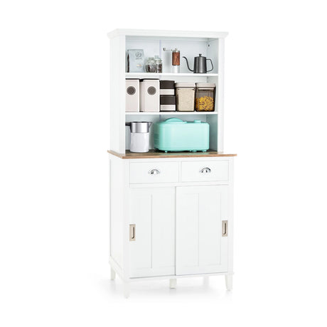 Freestanding Kitchen Pantry with Hutch Sliding Door and Drawer-White