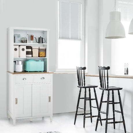Freestanding Kitchen Pantry with Hutch Sliding Door and Drawer-White
