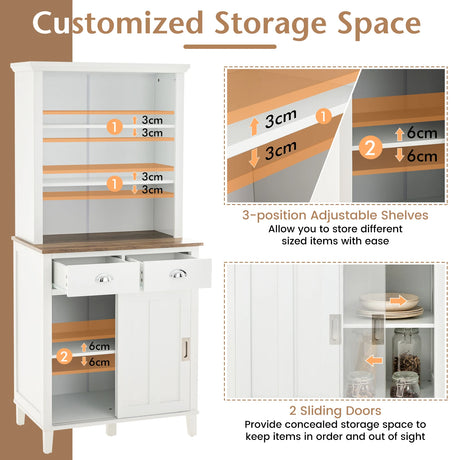 Freestanding Kitchen Pantry with Hutch Sliding Door and Drawer-White