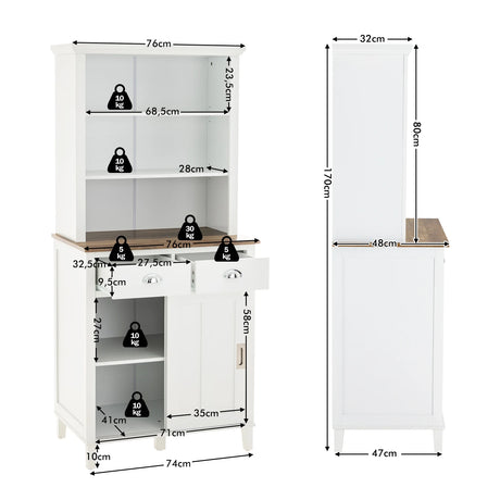 Freestanding Kitchen Pantry with Hutch Sliding Door and Drawer-White