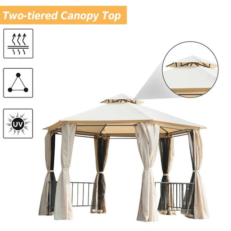 Outsunny 3 x 3(m) Hexagon Gazebo Patio Canopy Party Tent Outdoor Garden Shelter w/ 2 Tier Roof & Side Panel - Beige