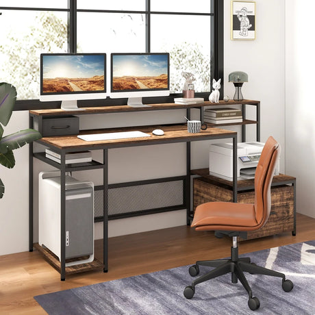 170 CM Computer Desk with Monitor Stand and File Drawer-Rustic Brown