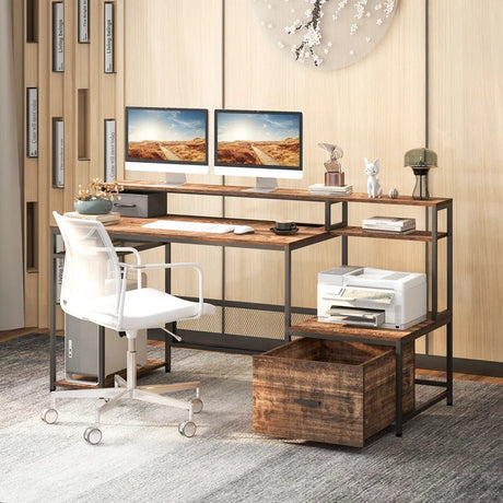 170 CM Computer Desk with Monitor Stand and File Drawer-Rustic Brown