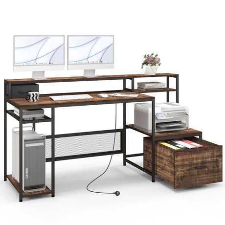 170 CM Computer Desk with Monitor Stand and File Drawer-Rustic Brown