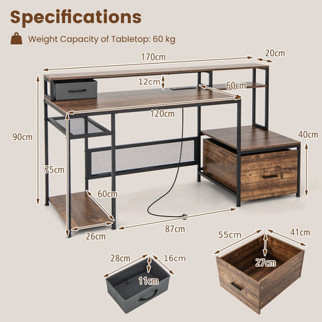 170 CM Computer Desk with Monitor Stand and File Drawer-Rustic Brown