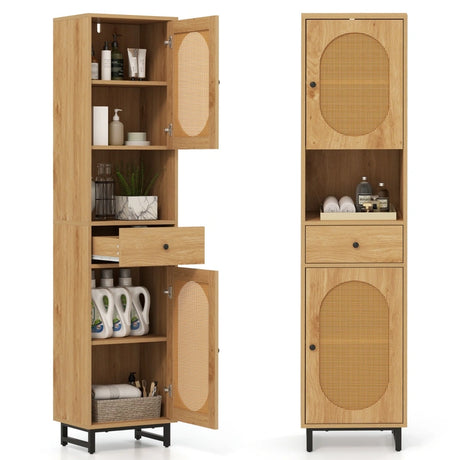 170cm Tall Bathroom Cabinet with 2 Doors and Open Compartment-Natural