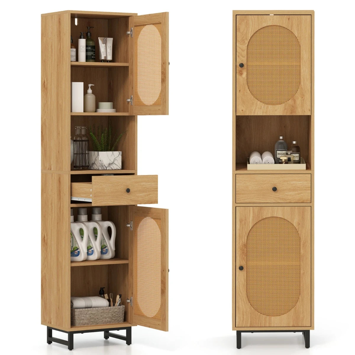 170cm Tall Bathroom Cabinet with 2 Doors and Open Compartment-Natural