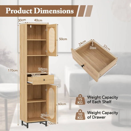 170cm Tall Bathroom Cabinet with 2 Doors and Open Compartment-Natural