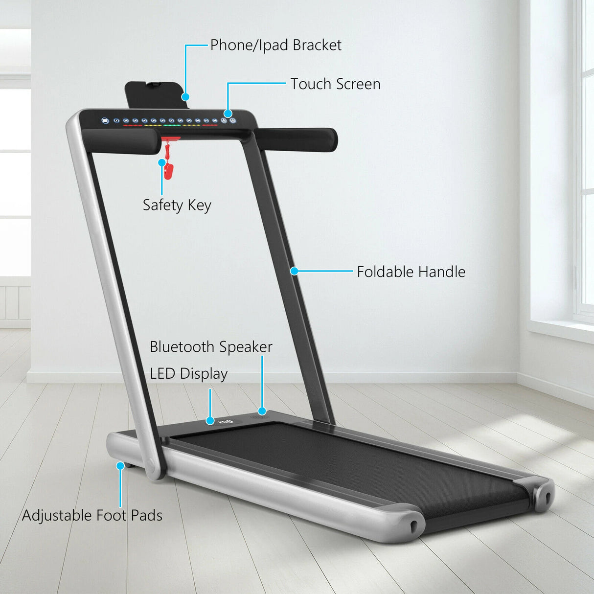 Folding Treadmill Electric 1-12KM/H with Bluetooth-Silver
