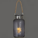 Frosted Grey Glass Lantern with Rope Detail and LED