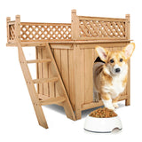 Wooden Dog House with Stairs and Raised Balcony for Puppy and Cat