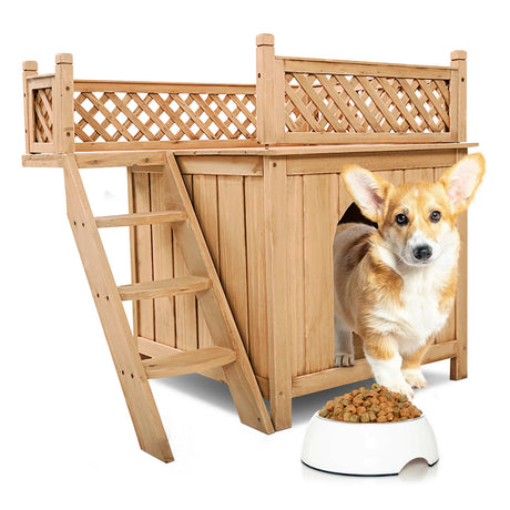 Wooden Dog House with Stairs and Raised Balcony for Puppy and Cat