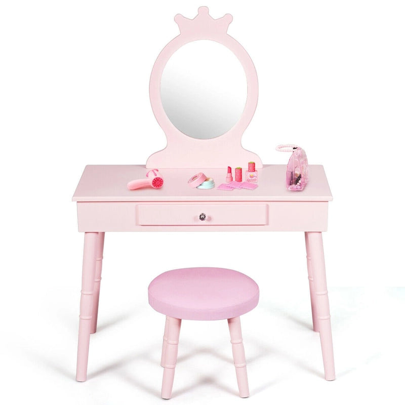 Vanity Makeup Table Set with Real Mirror for Little Girls Pink