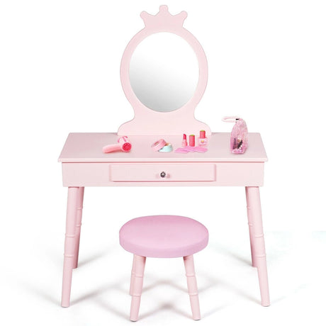 Vanity Makeup Table Set with Real Mirror for Little Girls Pink