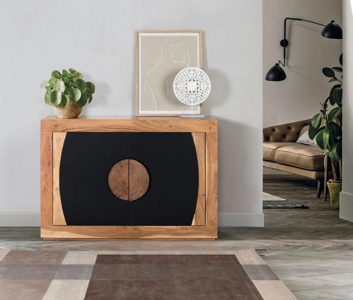 Giner and Colomer - 2-Door Acacia Wood Sideboard With Carved Log Handles