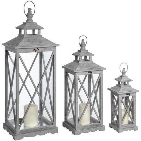 Set Of Three Wooden Lanterns With Traditional Cross Section