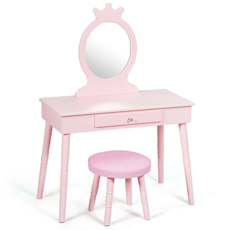 Vanity Makeup Table Set with Real Mirror for Little Girls Pink