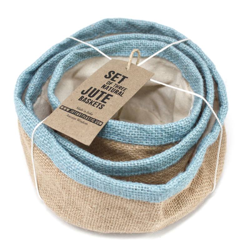 Set of 3 Natural Jute Baskets - Teal