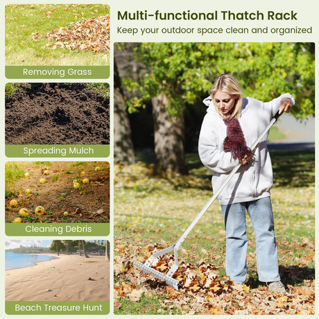 178 cm Garden Thatch Rake with Long Handle and 19 Curved Tines